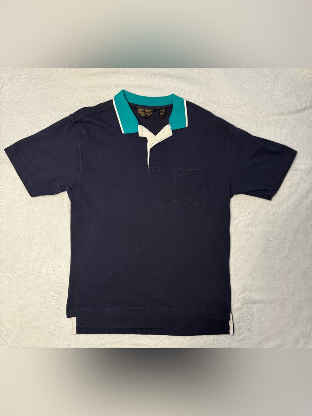 Vintage Eddie Bauer Mens L Navy Teal Colorblock Polo Shirt Pocket 90s